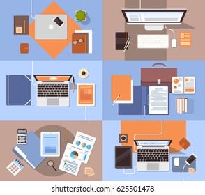 Workplace Desk Set Top Angle View Tablet Laptop Computer With Paper Documents Reports Finance Graph Flat Vector Illustration