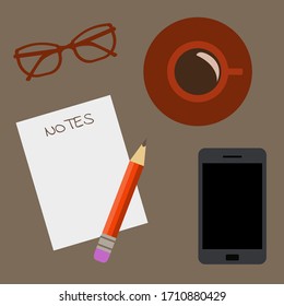 Workplace Desk Smart Phone cup of Coffee glasses sheet of paper pencil Top Angle View Flat Vector Illustration