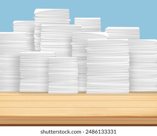 Workplace desk with stack of papers and documents. Stock vector illustration