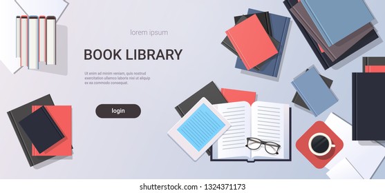 workplace desk textbooks e-book top angle view book library education learning concept flat copy space horizontal