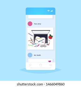 workplace desk top angle view laptop book and office supplies knowledge education learning concept smartphone screen online mobile app flat
