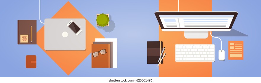 Workplace Desk Top Angle View Laptop And Desktop Computer Flat Vector Illustration