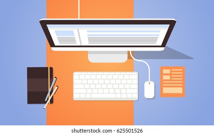 Workplace Desk Top Angle View Desktop Computer Flat Vector Illustration