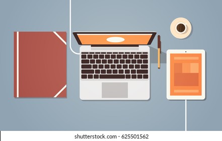 Workplace Desk Top Angle View Laptop And Tablet Computer Flat Vector Illustration