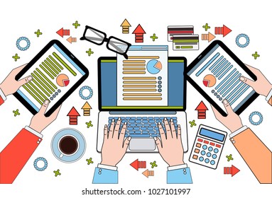 Workplace Desk Top View, Financial Business Data On Diagrams And Documents, Businesspeople Hands Using Digital Tablets And Laptop Computers Working Vector Illustration