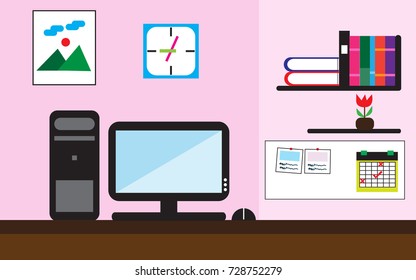 workplace with desk,computer,bookshelf,board and flower vase