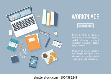 Workplace Desktop background. Top view of table, laptop, books, folder with documents, notepad, badge, purse, headphones, glasses, phone with messages, pencil, coffee with croissants. Vector