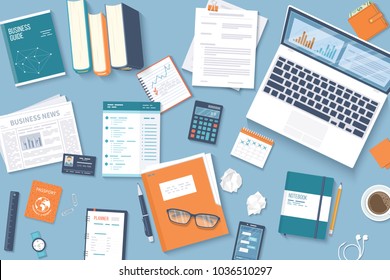 Workplace Desktop background. Top view of table, laptop, folder, documents, notepad, business card, purse, calendar, headphones, books,coffee, crumpled paper. Business background, organization. Vector