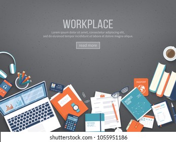 Workplace Desktop background. Top view of black table, laptop, folder, documents, notepad, books, purse, calendar, headphones, calculator, coffee, crumpled paper. Place for text. Vector Top view