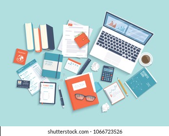 Workplace Desktop background. Top view of laptop, books, folder with documents, notepad, business card, purse, calendar, headphones, glasses, books, pencil, coffee, croissants, crumpled paper Vector