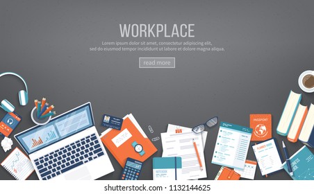 Workplace Desktop background. Top view of black table, laptop, folder, documents, notepad, books, purse, calendar, headphones, calculator, pencils, crumpled paper. Place for text. Vector Top view