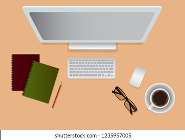 Workplace Desktop background. Top view of table. pastel color , background, organization. Vector