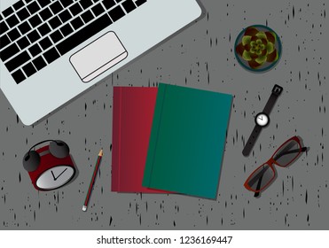 Workplace Desktop background. Top view of table. Top surface with for the woods gray  color ,Close-Up background, organization. Vector