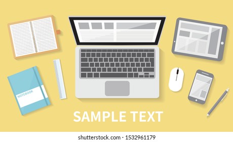 Workplace Desktop background. Top view of table, laptop, notepad, notebook, smartphone, books, mouse, 
tablet, pen. Business background, organization. cartoon illustration design.