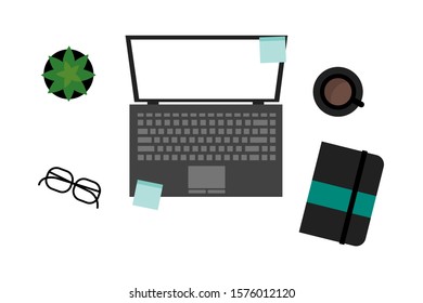 Workplace Desktop background. Top view of table, laptop, notepad, coffee, glasses, paper. Business background, organization. Vector