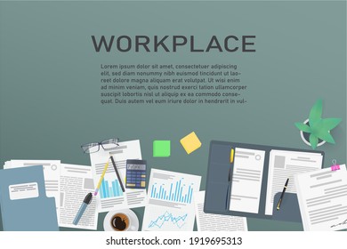 Workplace Desktop background. Top view of workspace, cup of coffee, steakers, glasses, folder, documents, notepad, business card, pen, plant. Business background.