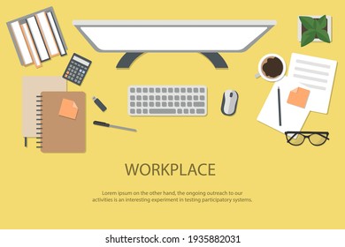 Workplace Desktop background. Top view of table, documents, notepad, books, coffee, paper. Place for text. Vector Top view