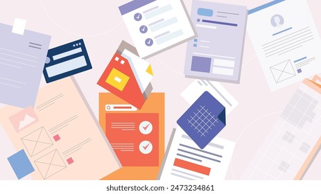 Workplace Desktop background. Top view of table, laptop, folder, documents, notepad, business card, purse, calendar, clock, books,coffee, passport, crumpled paper. Business background, organization.