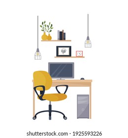 Lugar de trabajo, escritorio. Interior moderno de la oficina. Office con un equipo. Ilustración vectorial colorida al estilo de dibujos animados planos.
