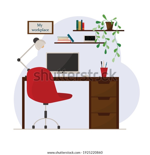 Workplace, desktop. Modern interior of the office.\
Office with a computer. Colorful vector illustration in flat\
cartoon style.