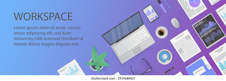 Workplace Desktop panorama background. Top view of workspace, laptop, folder, documents, notepad, business card, pen, plant. Business background.