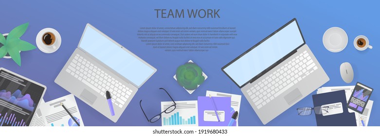 Workplace Desktop panorama background. Top view of workspace, laptop, folder, documents, notepad, business card, pen, plant. Business background.