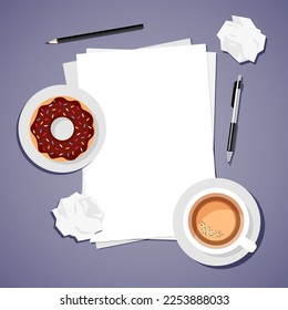 Workplace. Desktop view from above. Breakfast, coffee break. Vector template for your design. Stationery: paper, pencil, pen, cup of coffee and plate with chocolate donut.