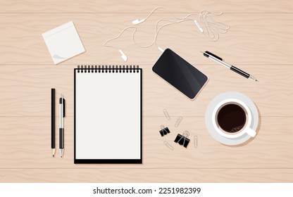 Lugar de trabajo. Vista de escritorio desde arriba. El vector plano se encuentra en la mesa de suministros de oficina. Caricatura del café, audífonos con teléfono, clip, clip de papel, lápiz, lápiz, pegatina y tableta de papel