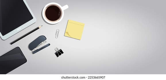 Lugar de trabajo. Vista de escritorio desde arriba. Vector plano sobre una mesa gris con suministros de oficina. taza realista de café, tablet, clip de papel, clip, lápiz, grapadora y pegatina.