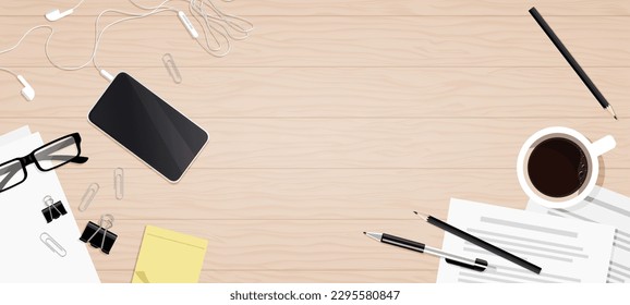 Workplace. Desktop view from above. Flat vector, stationery junk lying on the table. Cartoon coffee cup, headphones with phone, paper clip, pen, pencil, sticker and documents