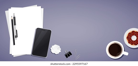 Workplace. Desktop view from above. Flat vector of office supplies lying on a dark table. Cartoon phone, paperclip, clip, pen and pencil, documents, crumpled piece of paper, donut and coffee