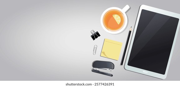 Workplace. Desktop view from above. Flat vector laying on a gray table with office supplies. Realistic cup of lemon tea, tablet, paper clip, clip, pencil, stapler and sticker.