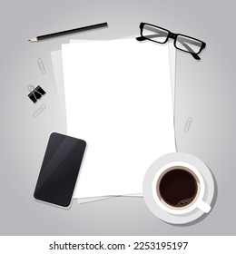 Lugar de trabajo. Vista de escritorio desde arriba. Plantilla de vectores para su diseño. Elementos de Office: papel, lápiz, gafas, taza de café, teléfono, clip de papel, clip.