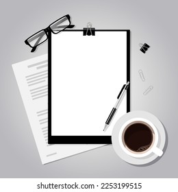 Workplace. Desktop view from above. Vector office template for your design. Stationery: paper, clipboard, pen, glasses, coffee cup, paper clip.