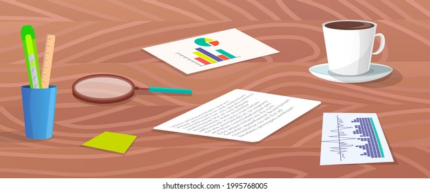 Workplace or desktop, wooden table, documents with information and statistics, stationery, cup of coffee, magnifying glass. Business meeting and brainstorming. Workplace of businessman or auditor