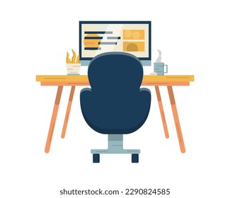 Workplace of a developer or designer. Website development. Monoblock, computer or monitor. Office chair and table. Indoor plant. Cup of coffee. Remote work. Website design layout. Vector illustration