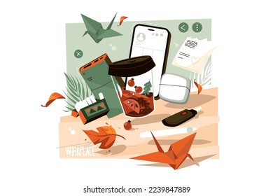 Workplace with different devices and tools vector illustration. Smartphone, cigarettes, cup of tea, earphones. Workspace flat concept