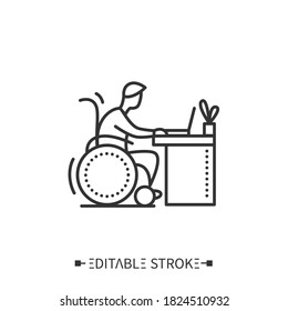 Workplace for disability man icon. Handicapped office worker. Inclusive workplace. Barriers-free environment and social adaptation for disabled people. Isolated vector illustration. Editable stroke 