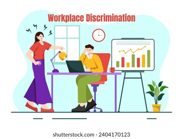 Diseño de vectores de discriminación en el lugar de trabajo Ilustración de empleados con acoso sexual y personas discapacitadas para la igualdad de oportunidades en el empleo
