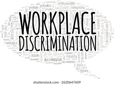Discriminação no local de trabalho palavra nuvem design conceitual isolado no fundo branco.