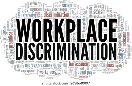 Workplace Discrimination word cloud conceptual design isolated on white background.