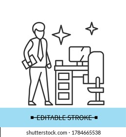 Workplace Disinfection Icon. Man Beside Clean Office Desk Line Pictogram. Concept Of Corona Virus Employee Health Safety Recommendations And Hygiene At Work. Editable Stroke Vector Illustration