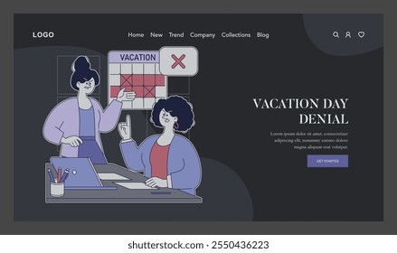 Workplace Dispute concept. Frustrated employee facing denied vacation request as manager points at calendar. Tense office situation. Vector illustration.