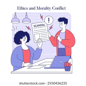 Concepto de disputa laboral. Ilustración de una acalorada discusión entre colegas sobre un documento escandaloso, que destaca conflictos éticos. Ilustración vectorial.