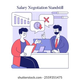 Workplace Dispute concept. Illustration of a tense salary negotiation between an employer and employee with negative outcome. Conflict in office setting. Vector illustration.