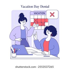 Workplace dispute illustration. A manager denies an employee's vacation request, causing frustration. Office conflict scenario. Vector illustration.