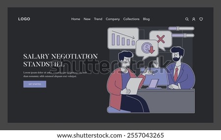 Workplace dispute illustration. Two professionals in a tense salary negotiation, one rejecting an offer. Negotiation stalemate and financial disagreement concept. Vector illustration.