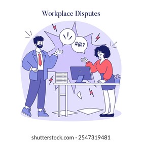 Workplace Disputes concept. Tense interaction between colleagues in an office setting. Communication breakdown and conflict resolution challenge. Vector illustration.