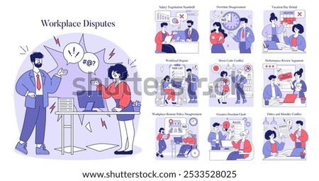 Workplace Disputes set. Colleagues engaging in conflicts over salary, workload, and policies. Tension in office settings depicted with expressive characters. Vector illustration.