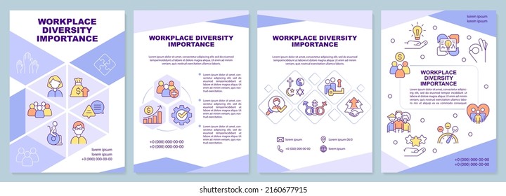 Plantilla de folleto morado de importancia de la diversidad en el lugar de trabajo. Diseño del prospecto con iconos lineales. Editable 4 diseños vectoriales para presentación, informes anuales. Arial-Black, Myriad Pro-Regular fuentes utilizadas